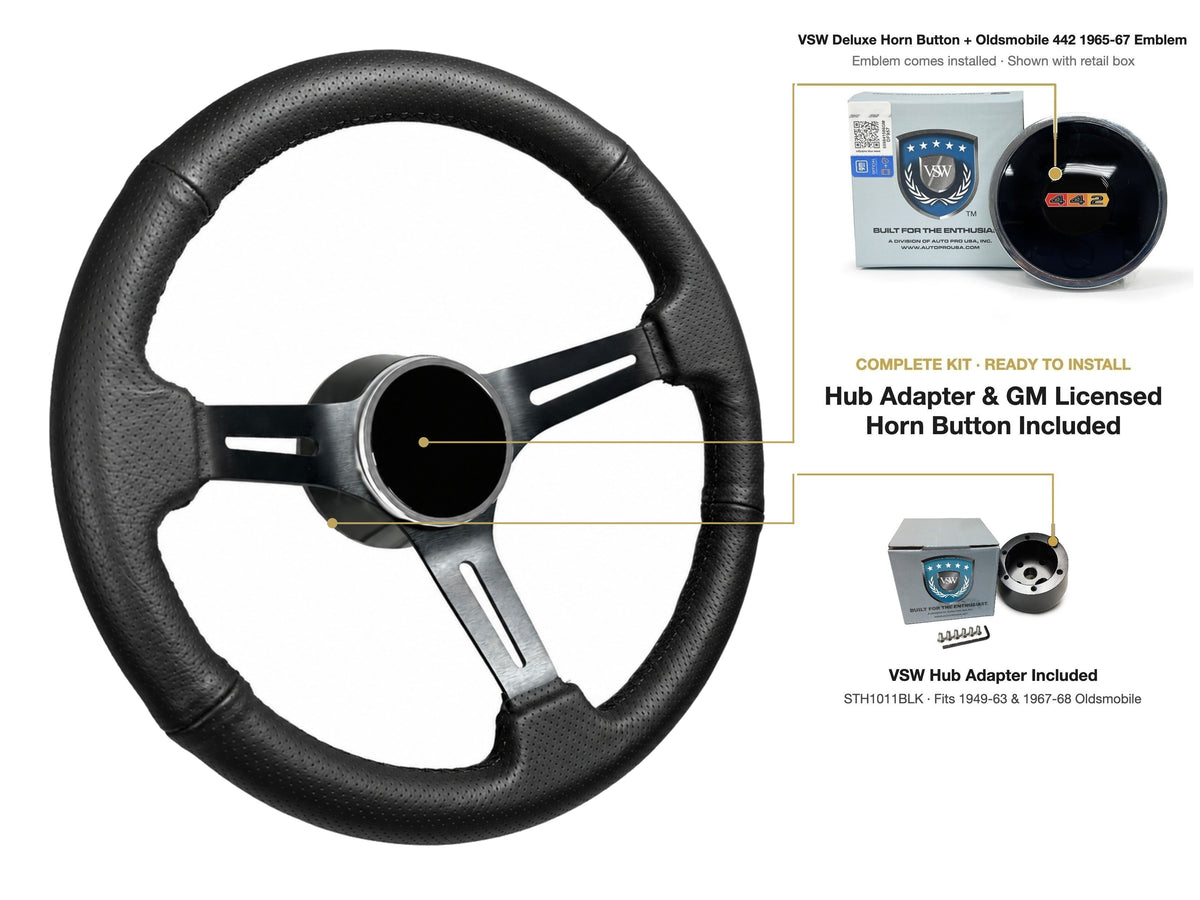 ST3586BLK-BLK steering wheel kit - Deluxe horn button, 442 1965-67 emblem