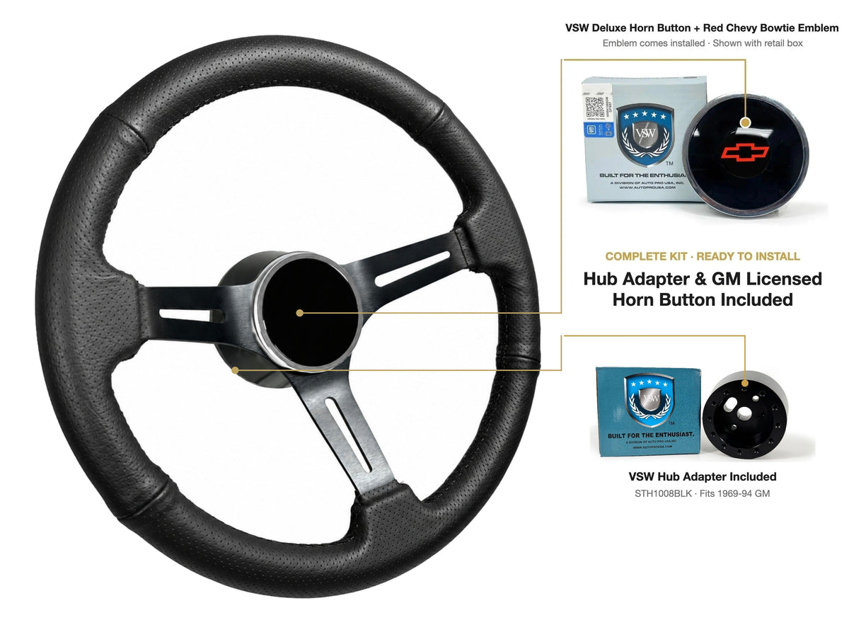 ST3586BLK-BLK steering wheel kit - Deluxe horn button, Red Chevy Bowtie emblem