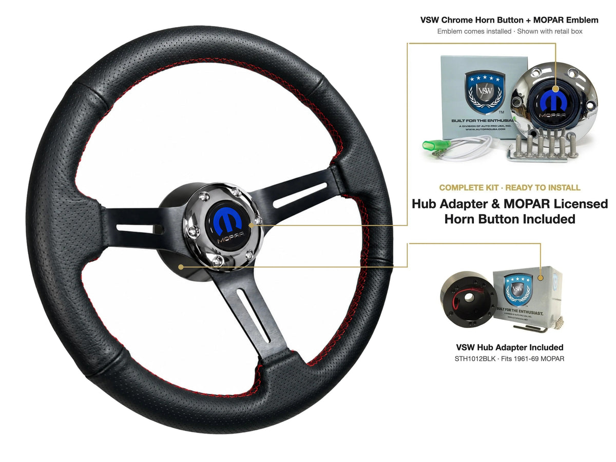 ST3586BLK-RED steering wheel kit - Chrome horn button, MOPAR emblem