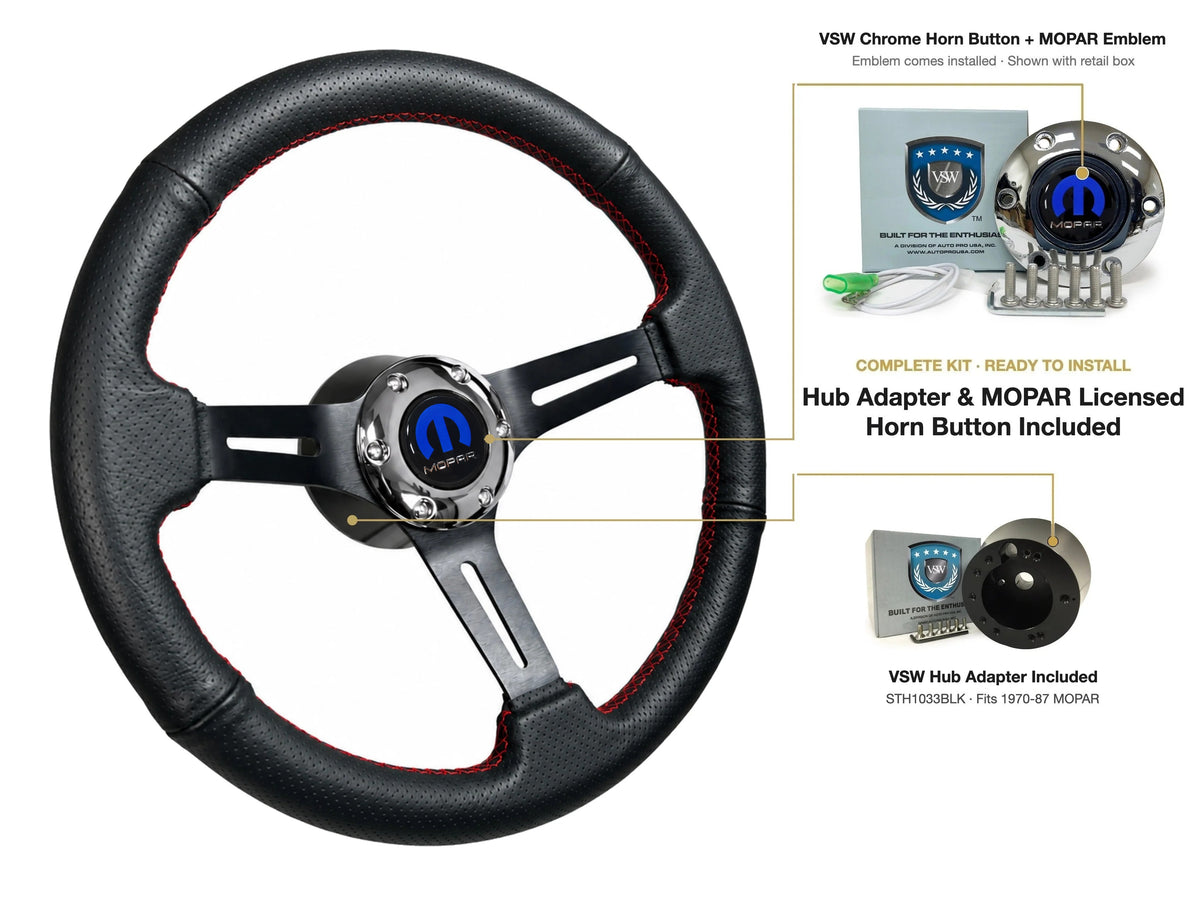 ST3586BLK-RED steering wheel kit - Chrome horn button, MOPAR emblem
