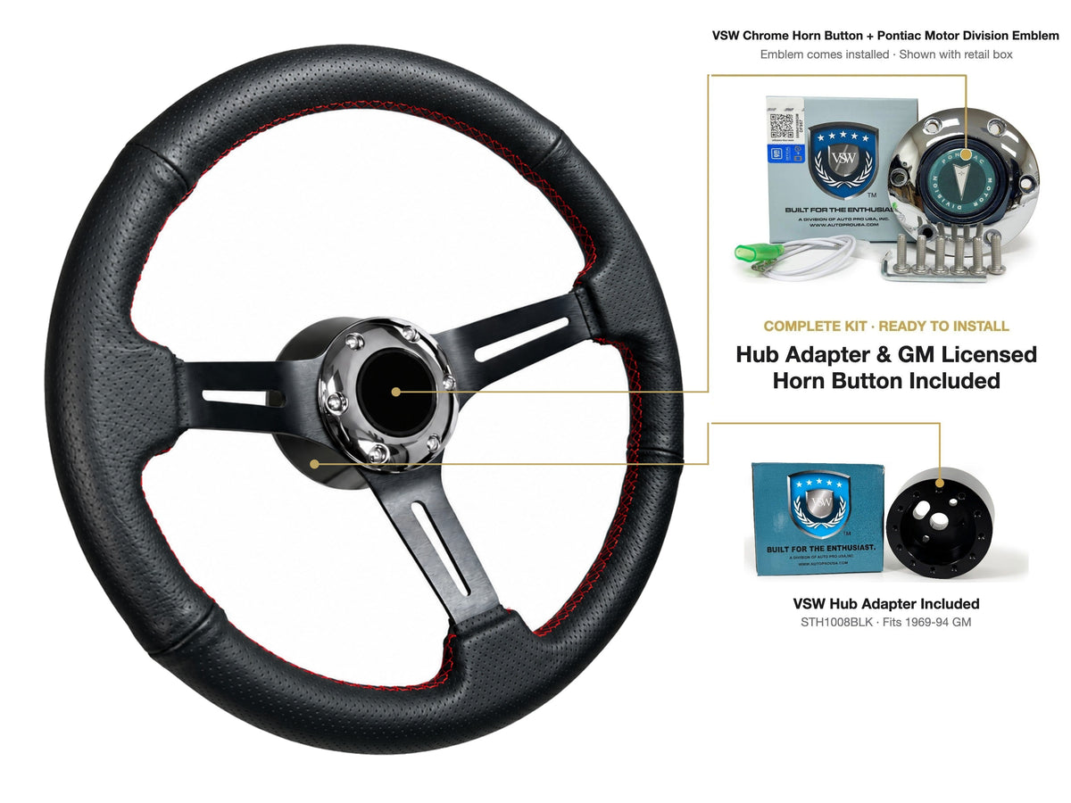 ST3586BLK-RED steering wheel kit - Chrome horn button, Pontiac Motor Division emblem