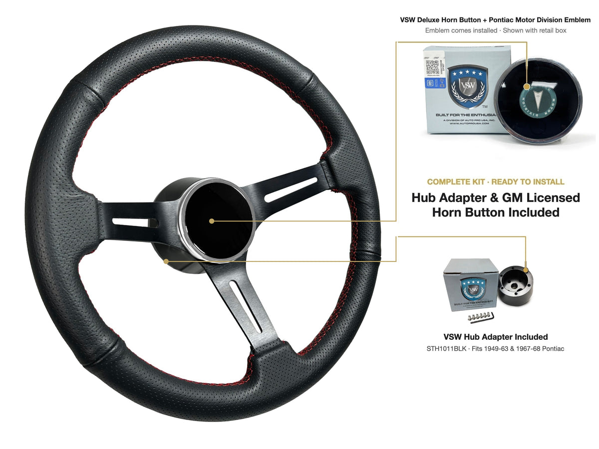 ST3586BLK-RED steering wheel kit - Deluxe horn button, Pontiac Motor Division emblem