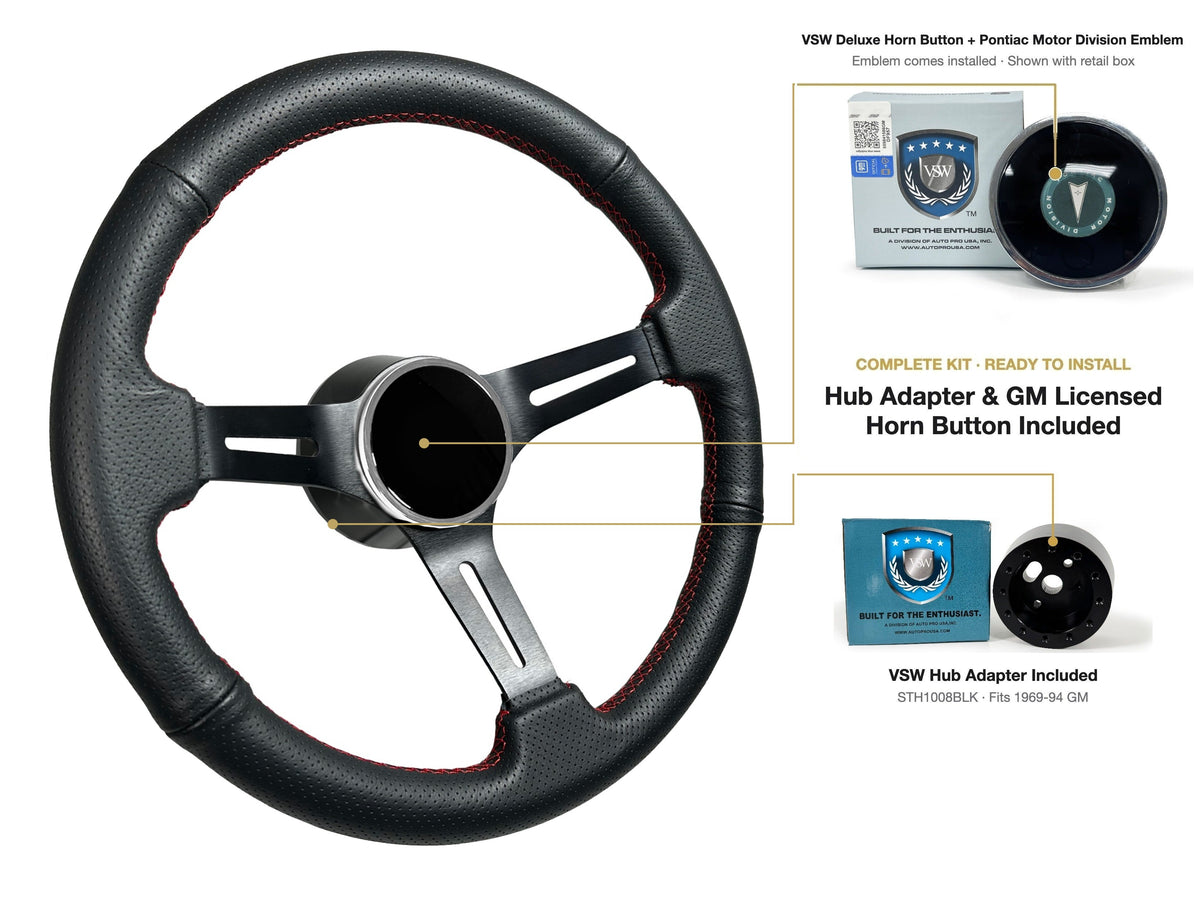 ST3586BLK-RED steering wheel kit - Deluxe horn button, Pontiac Motor Division emblem
