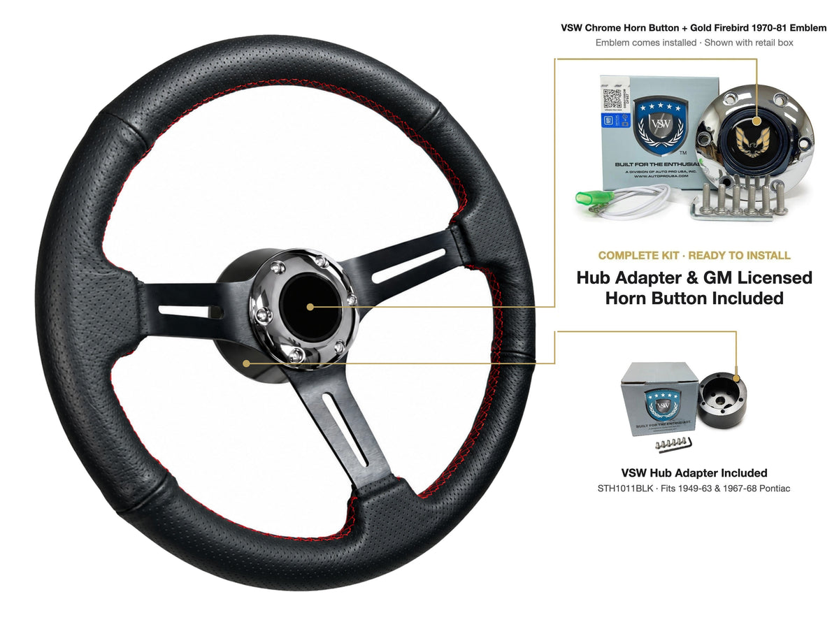 ST3586BLK-RED steering wheel kit - Chrome horn button, Gold Firebird 1970-81 emblem