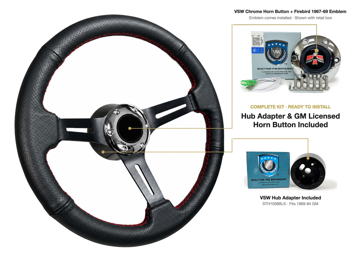 ST3586BLK-RED steering wheel kit - Chrome horn button, Firebird 1967-69 emblem