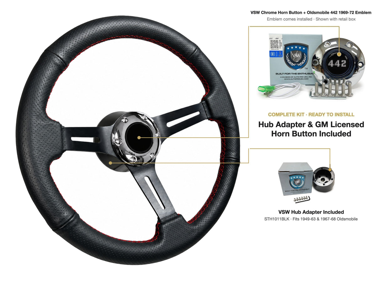 ST3586BLK-RED steering wheel kit - Chrome horn button, 442 1969-72 emblem