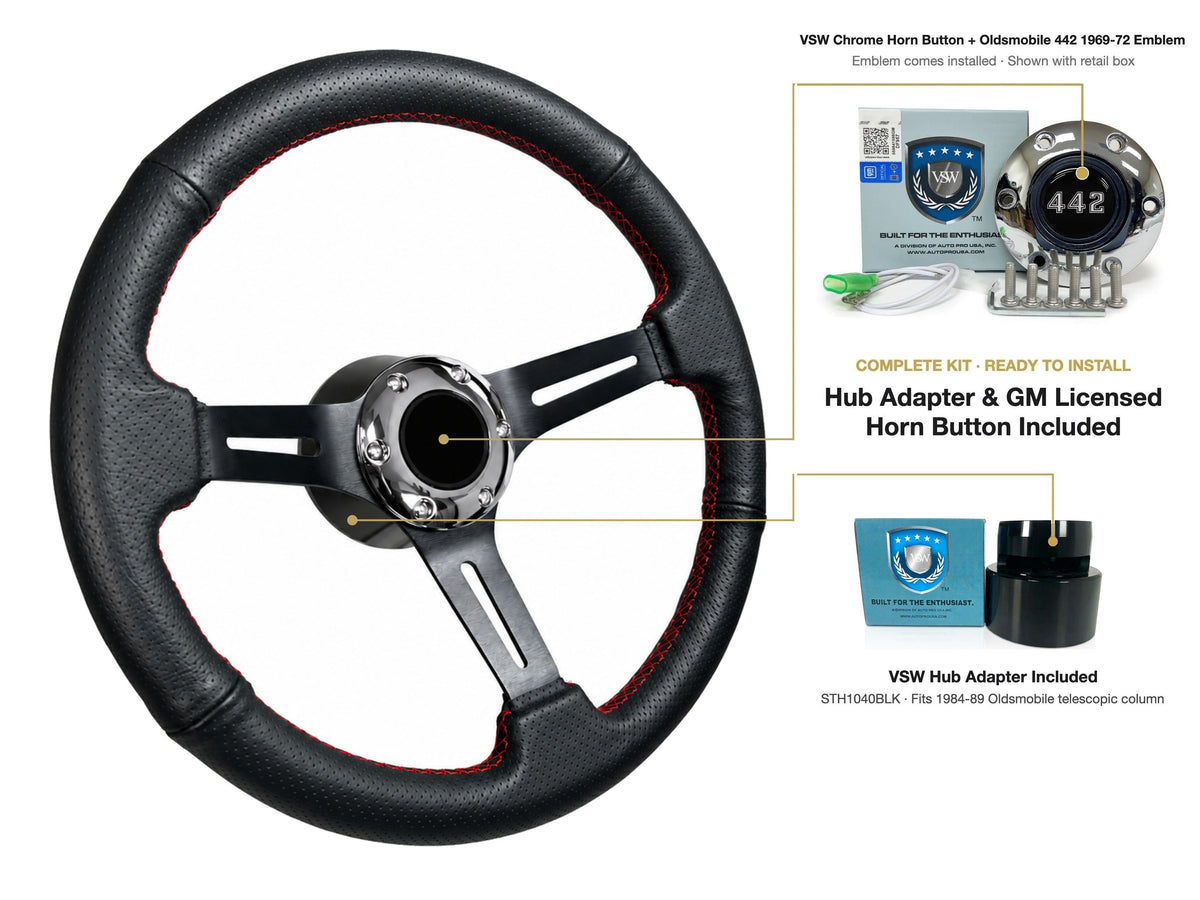 ST3586BLK-RED steering wheel kit - Chrome horn button, 442 1969-72 emblem