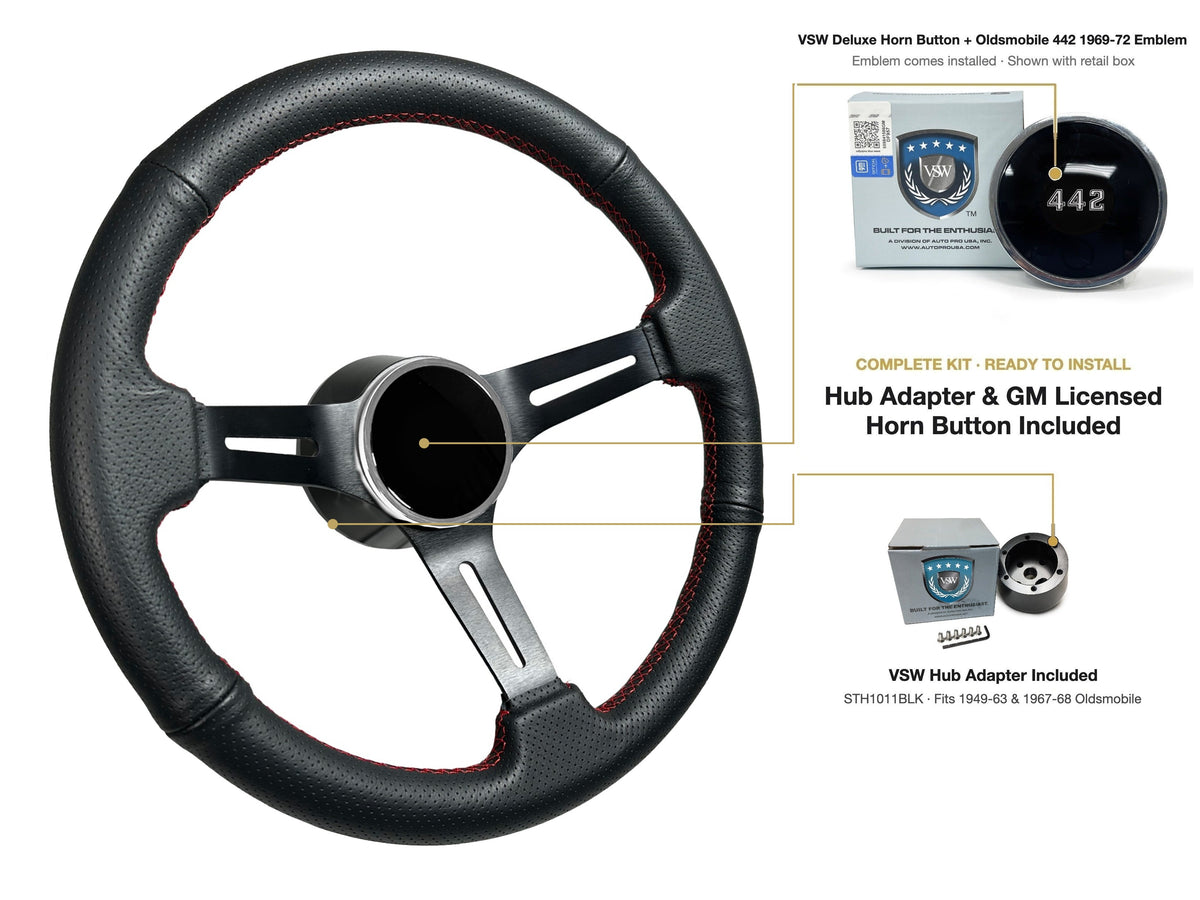 ST3586BLK-RED steering wheel kit - Deluxe horn button, 442 1969-72 emblem