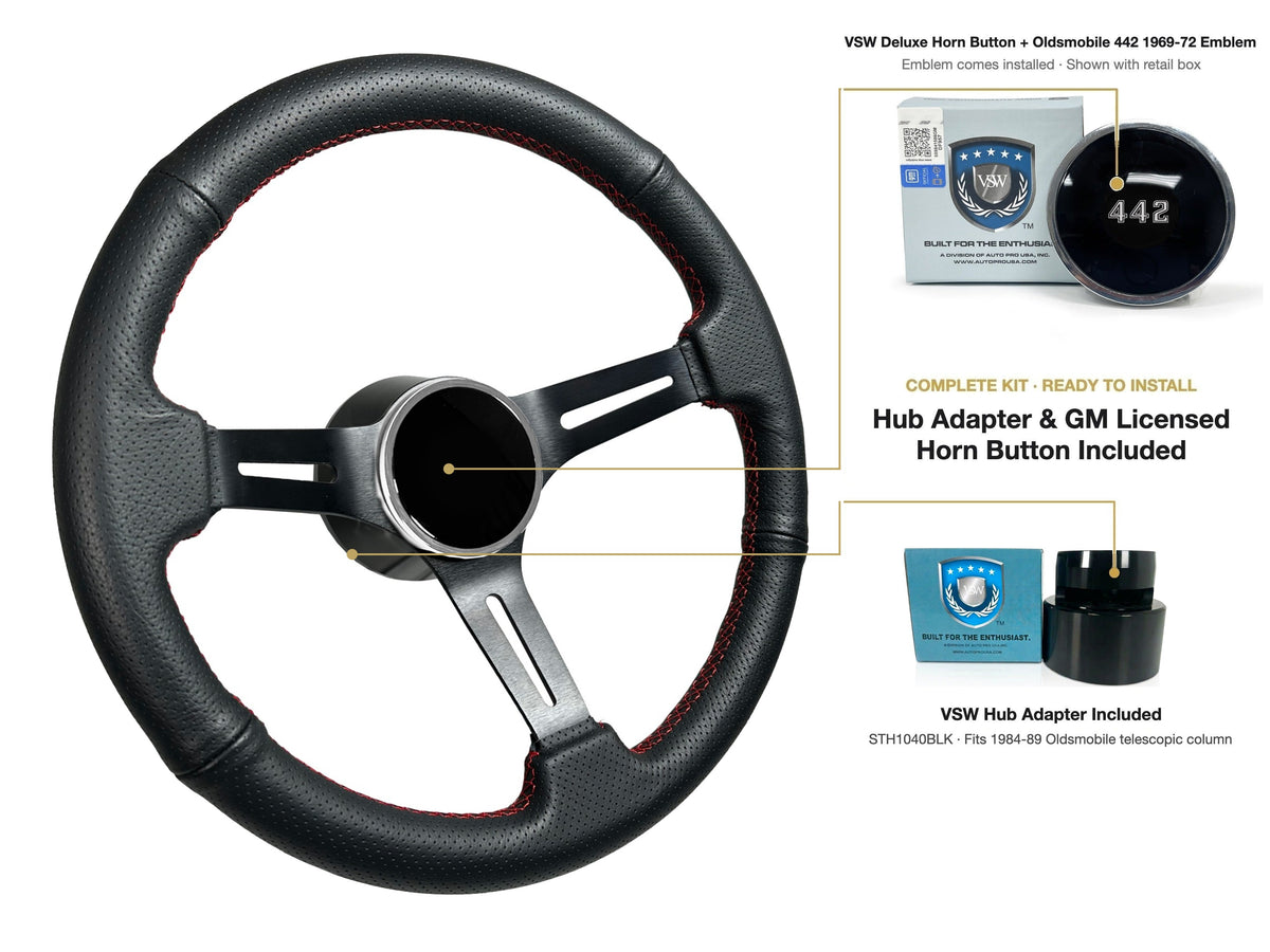 ST3586BLK-RED steering wheel kit - Deluxe horn button, 442 1969-72 emblem