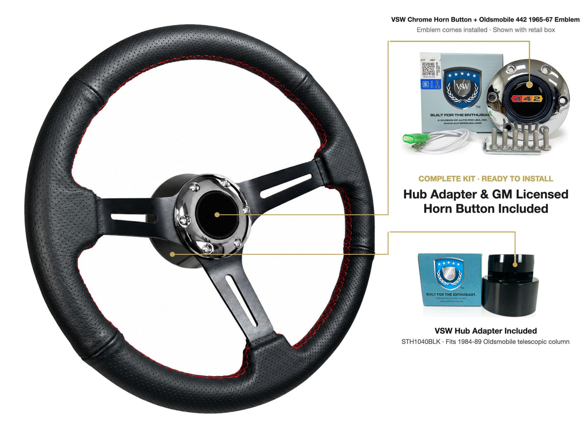 ST3586BLK-RED steering wheel kit - Chrome horn button, 442 1965-67 emblem