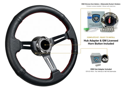 ST3586BLK-RED steering wheel kit - Chrome horn button, Rocket I 1960-80 emblem