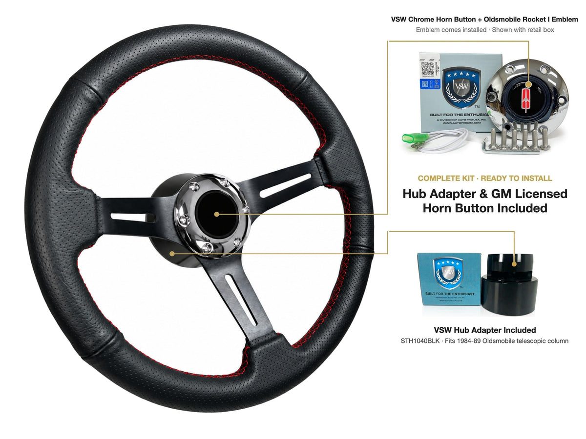 ST3586BLK-RED steering wheel kit - Chrome horn button, Rocket I 1960-80 emblem