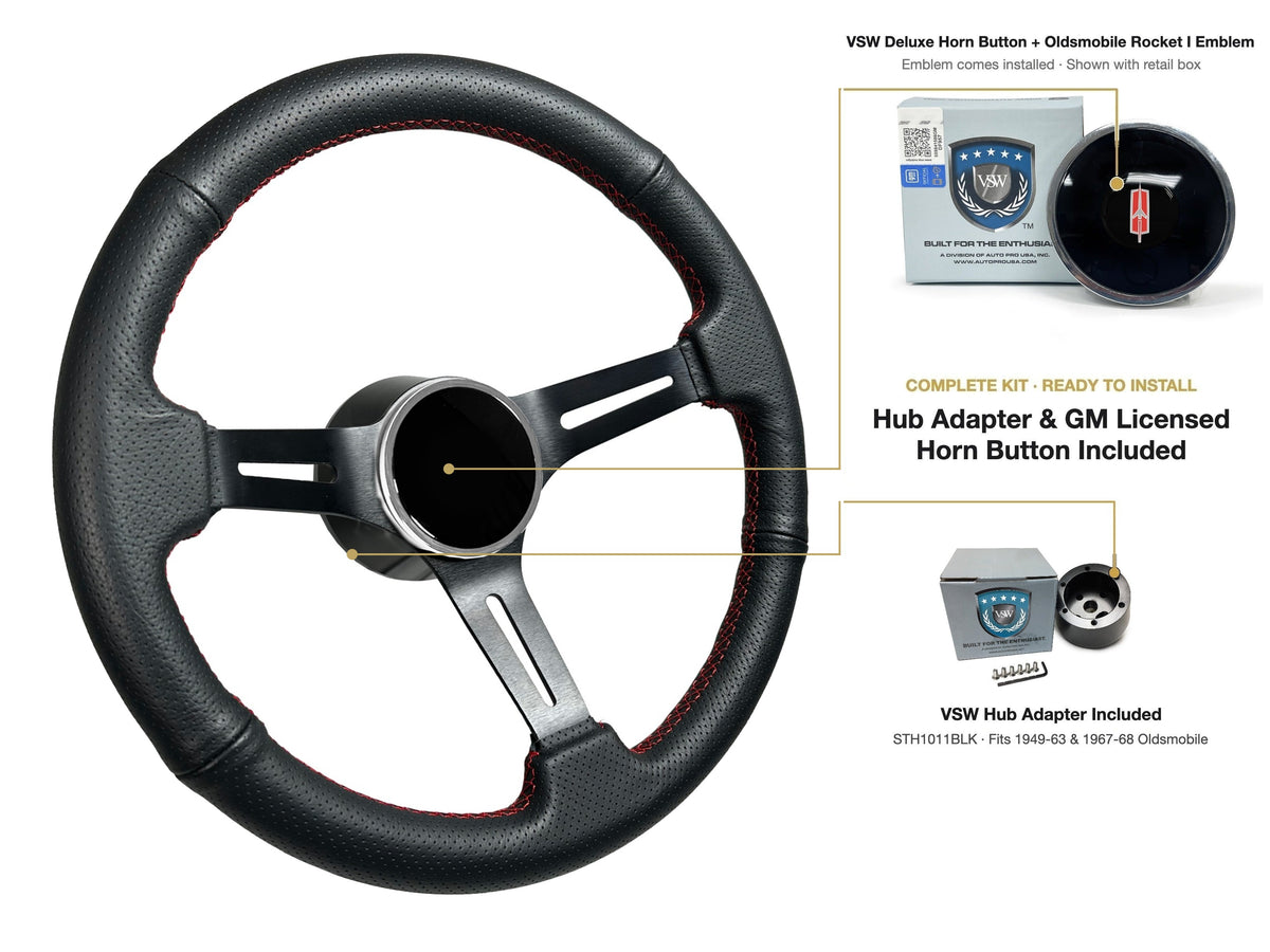 ST3586BLK-RED steering wheel kit - Deluxe horn button, Rocket I 1960-80 emblem
