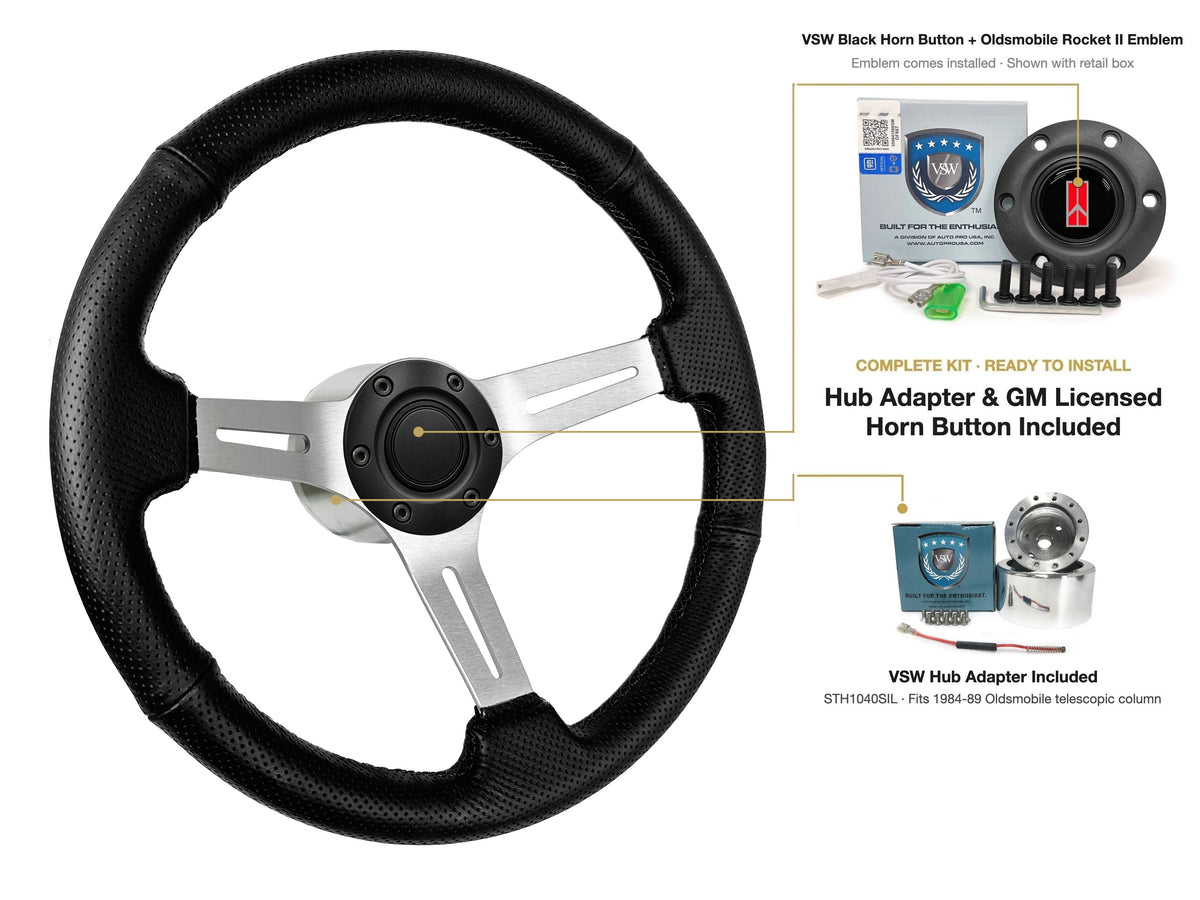 ST3587BLK-BLK steering wheel kit - Black horn button, Rocket II 1981-96 emblem