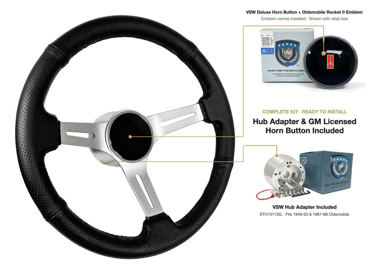 ST3587BLK-BLK steering wheel kit - Deluxe horn button, Rocket II 1981-96 emblem