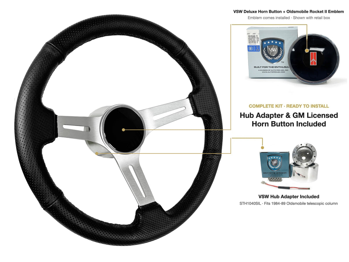 ST3587BLK-BLK steering wheel kit - Deluxe horn button, Rocket II 1981-96 emblem