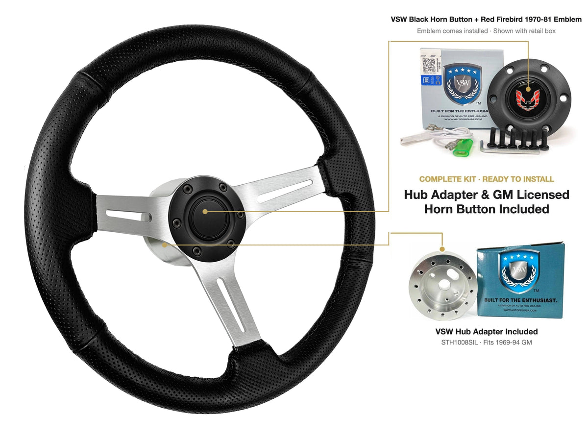 ST3587BLK-BLK steering wheel kit - Black horn button, Red Firebird 1970-81 emblem