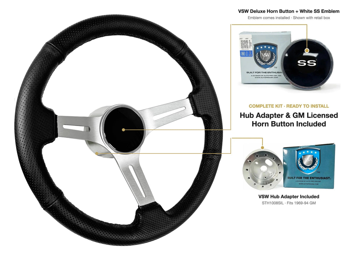 ST3587BLK-BLK steering wheel kit - Deluxe horn button, White SS emblem
