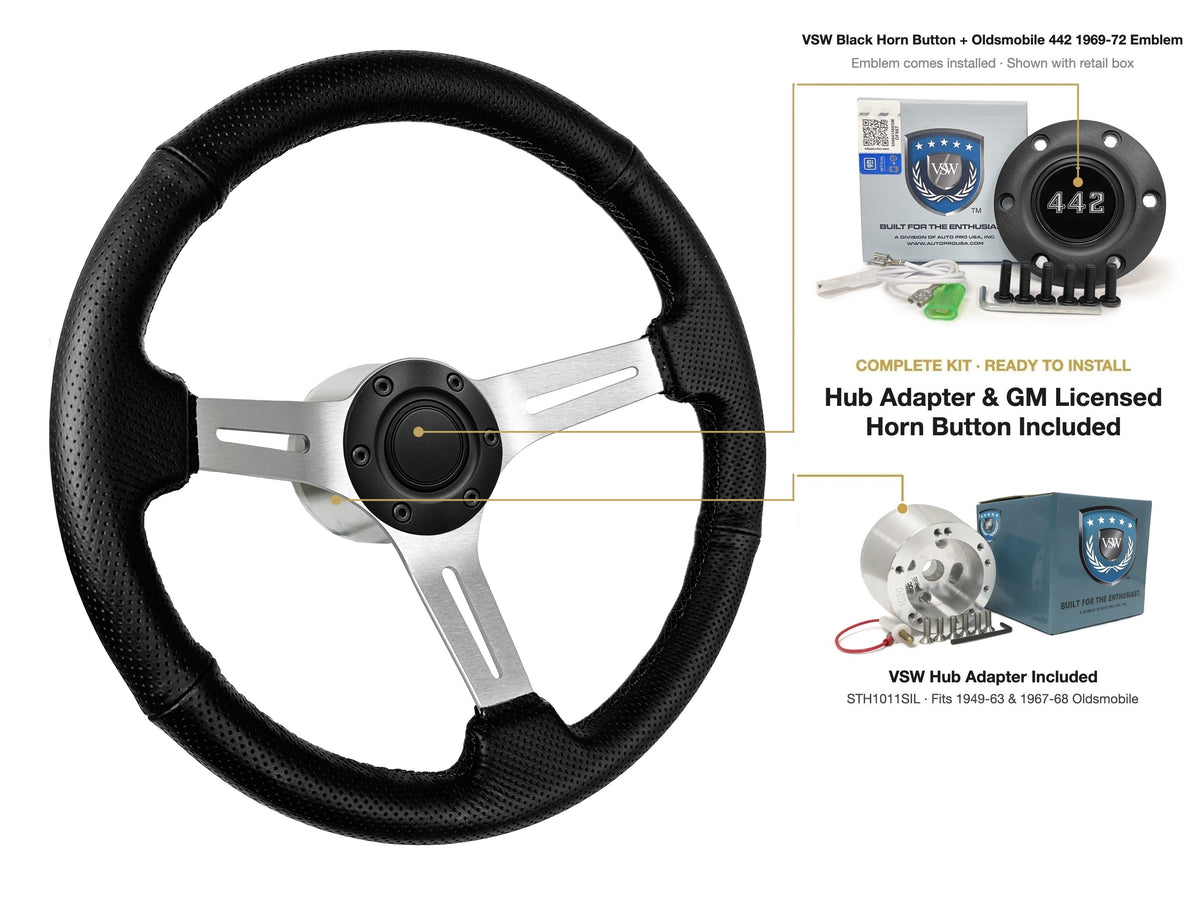 ST3587BLK-BLK steering wheel kit - Black horn button, 442 1969-72 emblem