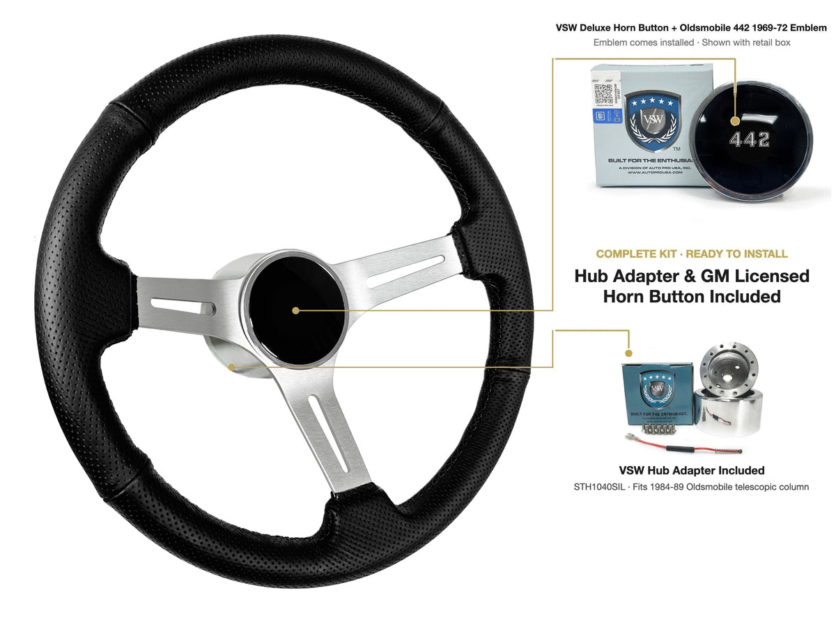 ST3587BLK-BLK steering wheel kit - Deluxe horn button, 442 1969-72 emblem