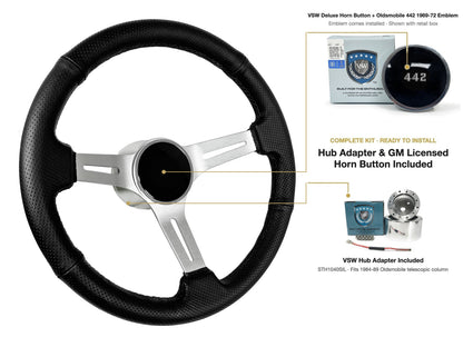 ST3587BLK-BLK steering wheel kit - Deluxe horn button, 442 1969-72 emblem