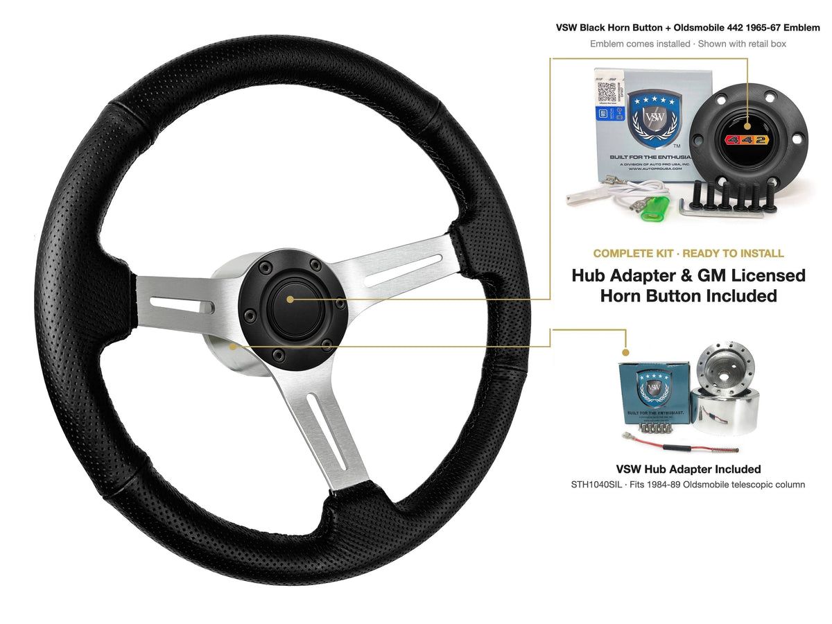 ST3587BLK-BLK steering wheel kit - Black horn button, 442 1965-67 emblem