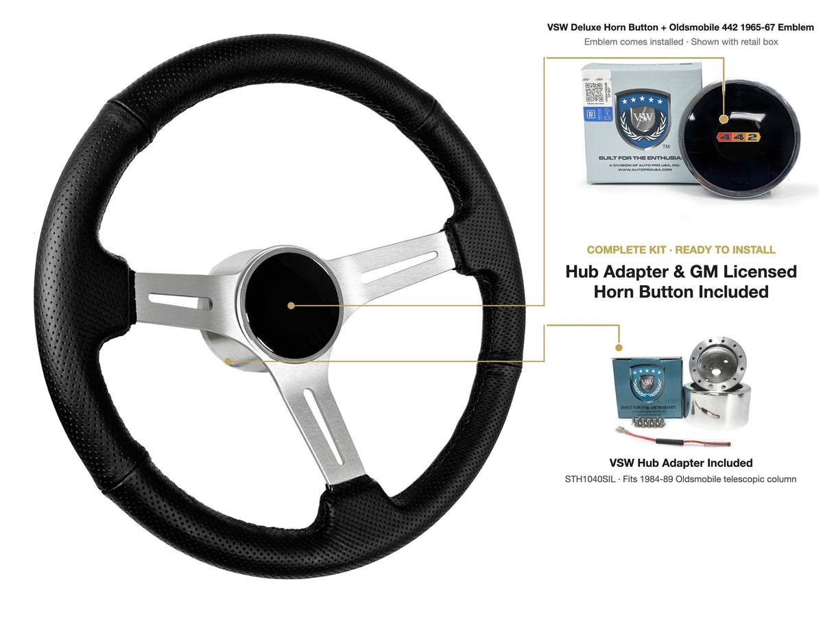 ST3587BLK-BLK steering wheel kit - Deluxe horn button, 442 1965-67 emblem