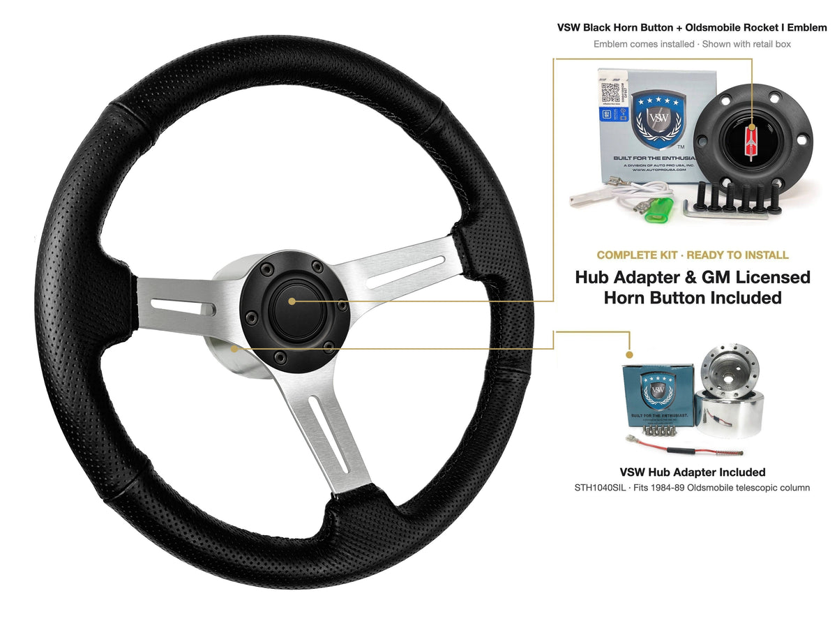 ST3587BLK-BLK steering wheel kit - Black horn button, Rocket I 1960-80 emblem