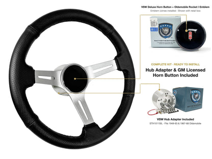 ST3587BLK-BLK steering wheel kit - Deluxe horn button, Rocket I 1960-80 emblem