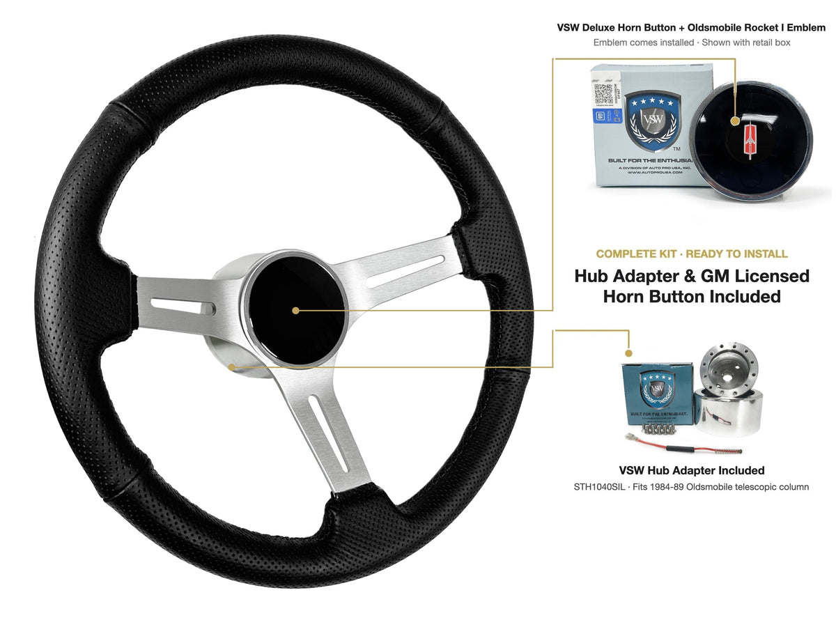ST3587BLK-BLK steering wheel kit - Deluxe horn button, Rocket I 1960-80 emblem