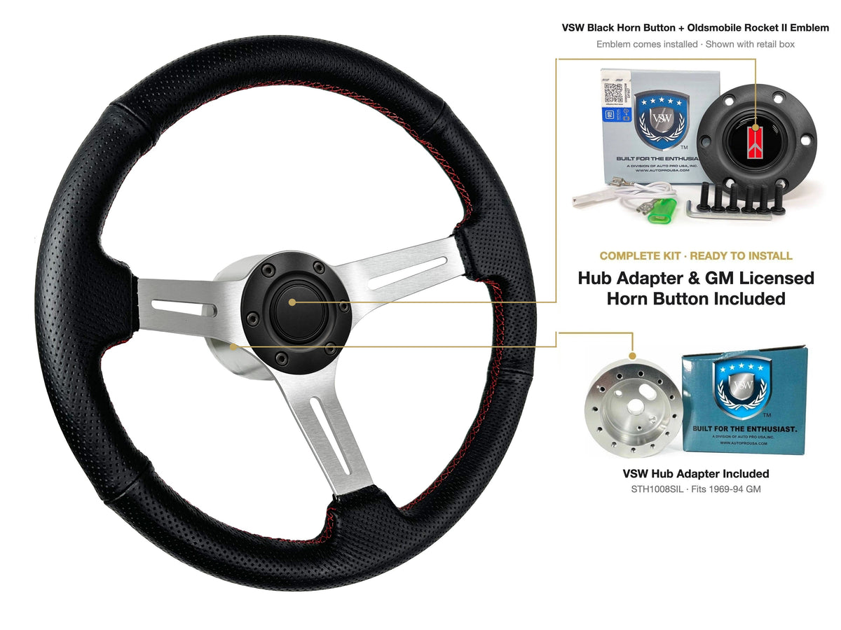 ST3587BLK-RED steering wheel kit - Black horn button, Rocket II 1981-96 emblem