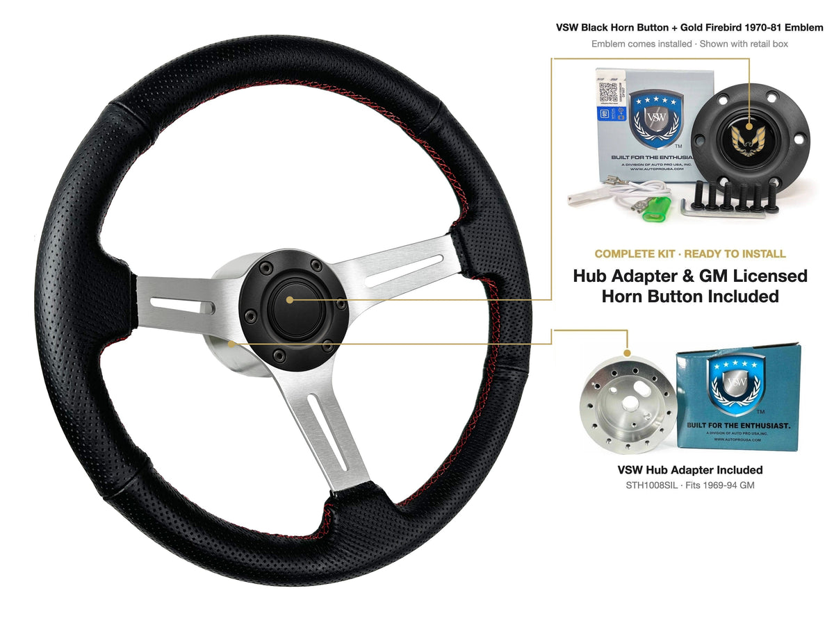 ST3587BLK-RED steering wheel kit - Black horn button, Gold Firebird 1970-81 emblem