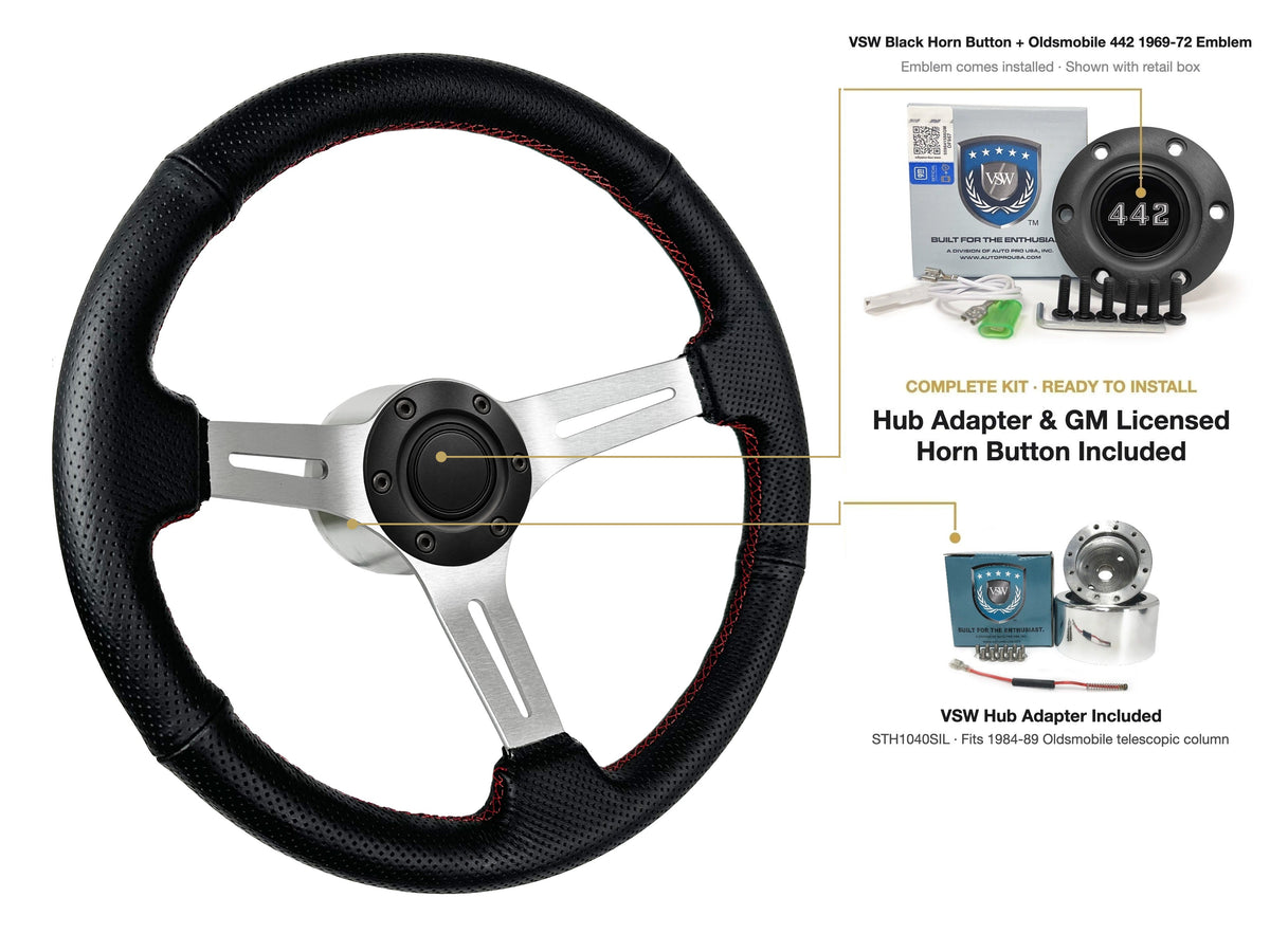 ST3587BLK-RED steering wheel kit - Black horn button, 442 1969-72 emblem