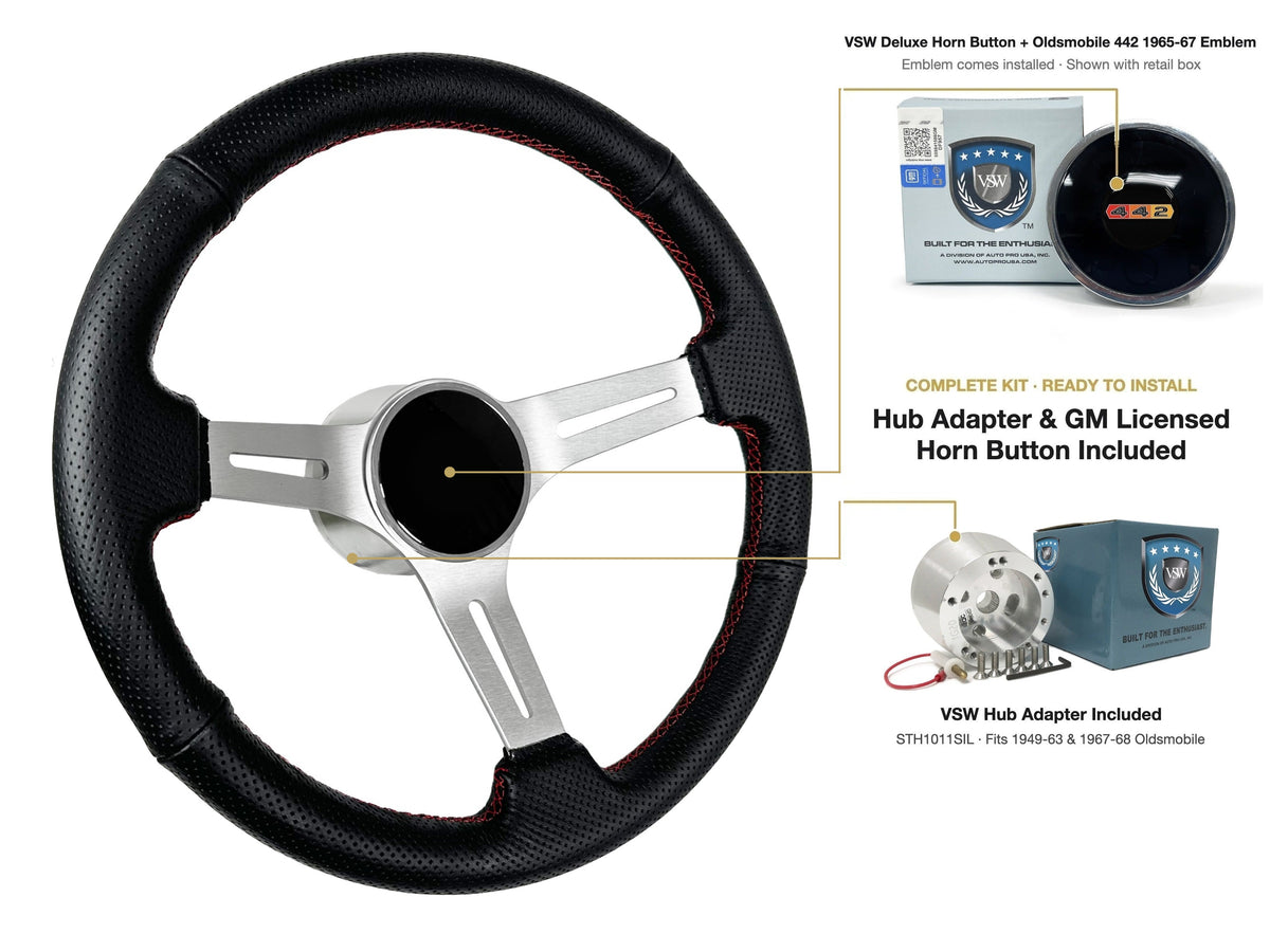ST3587BLK-RED steering wheel kit - Deluxe horn button, 442 1965-67 emblem