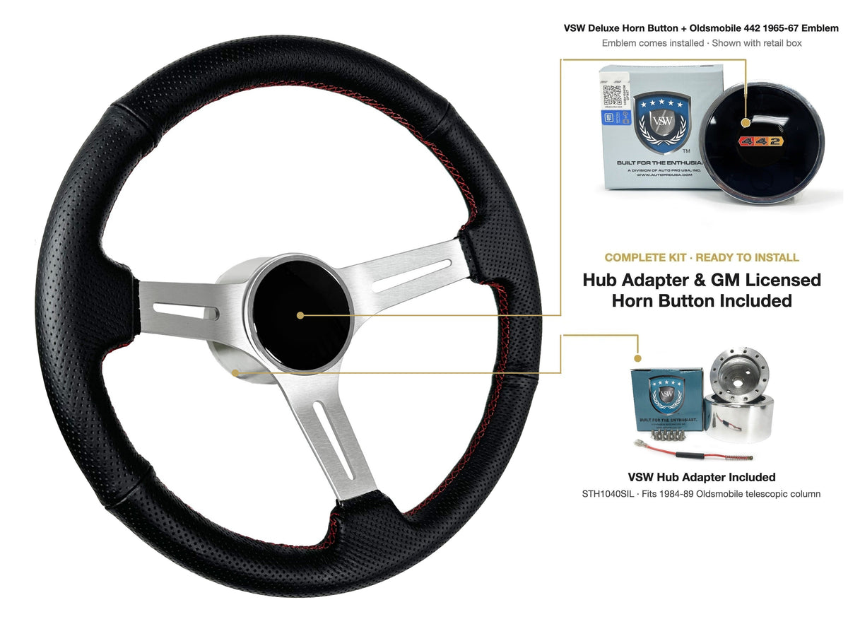 ST3587BLK-RED steering wheel kit - Deluxe horn button, 442 1965-67 emblem