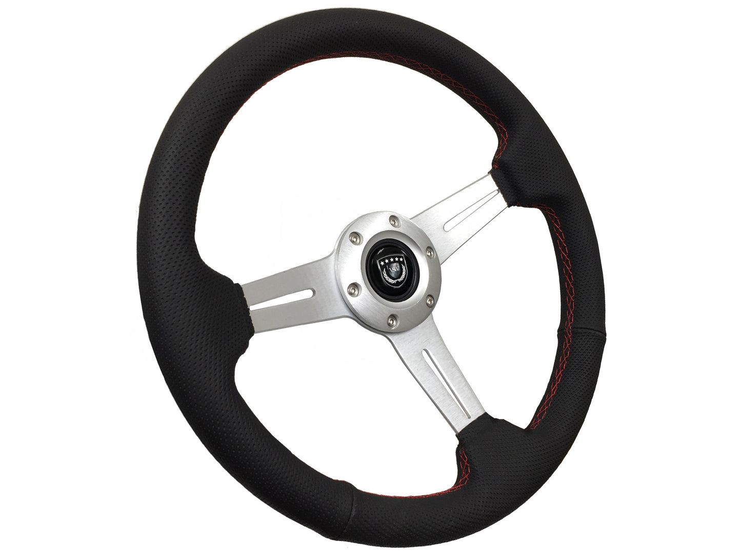 VSW S6 Steering Wheel | Perforated Leather Brushed Aluminum w/ Red Stitch | ST3587BLK-RED