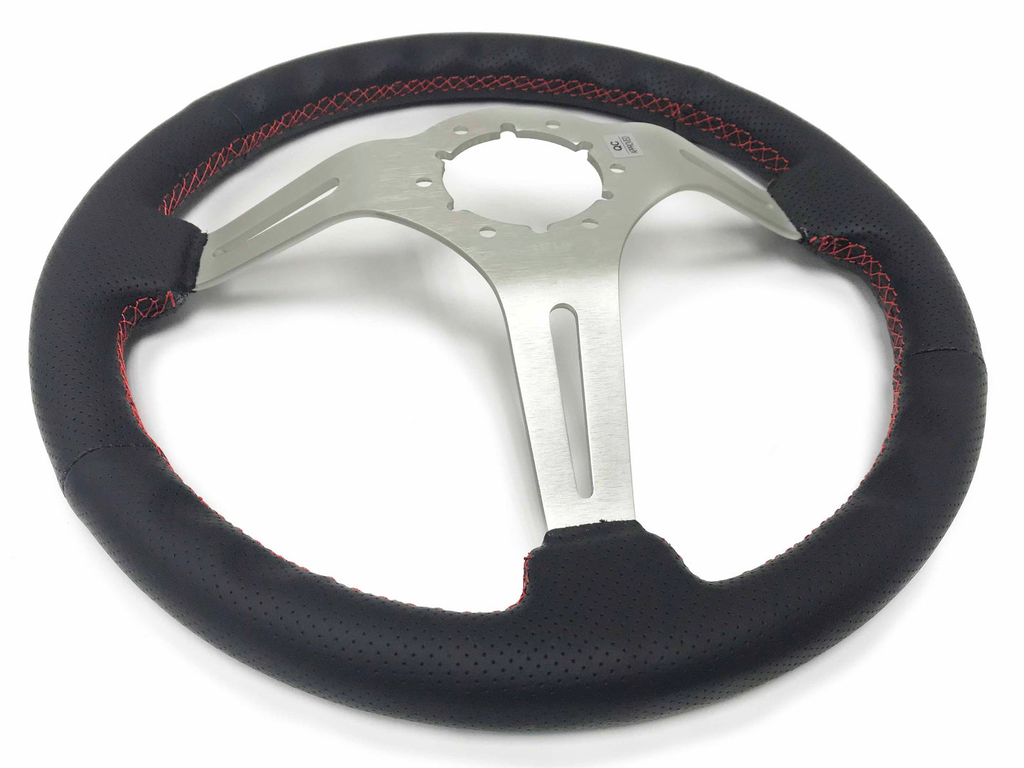 VSW S6 Steering Wheel | Perforated Leather Brushed Aluminum w/ Red Stitch | ST3587BLK-RED