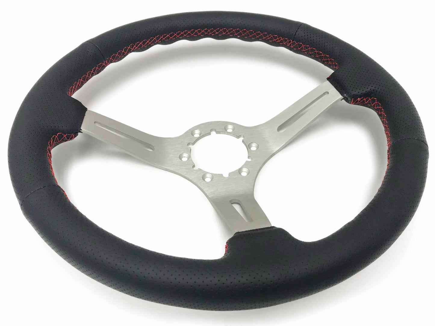 VSW S6 Steering Wheel | Perforated Leather Brushed Aluminum w/ Red Stitch | ST3587BLK-RED