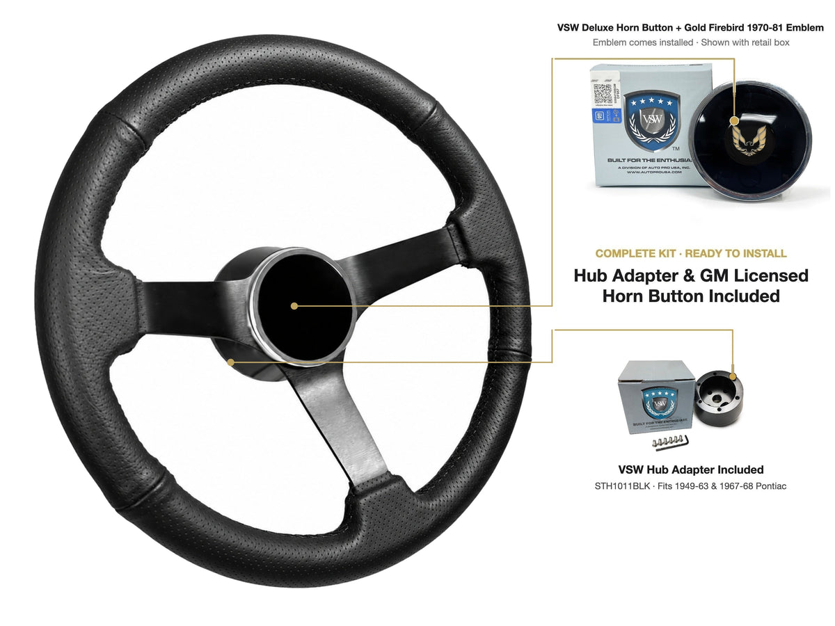 ST3602BLK steering wheel kit - Deluxe horn button, Gold Firebird 1970-81 emblem