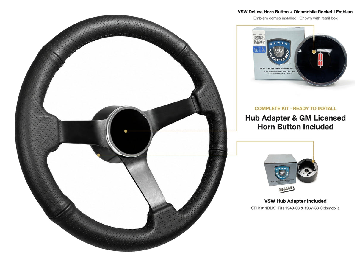 ST3602BLK steering wheel kit - Deluxe horn button, Rocket I 1960-80 emblem