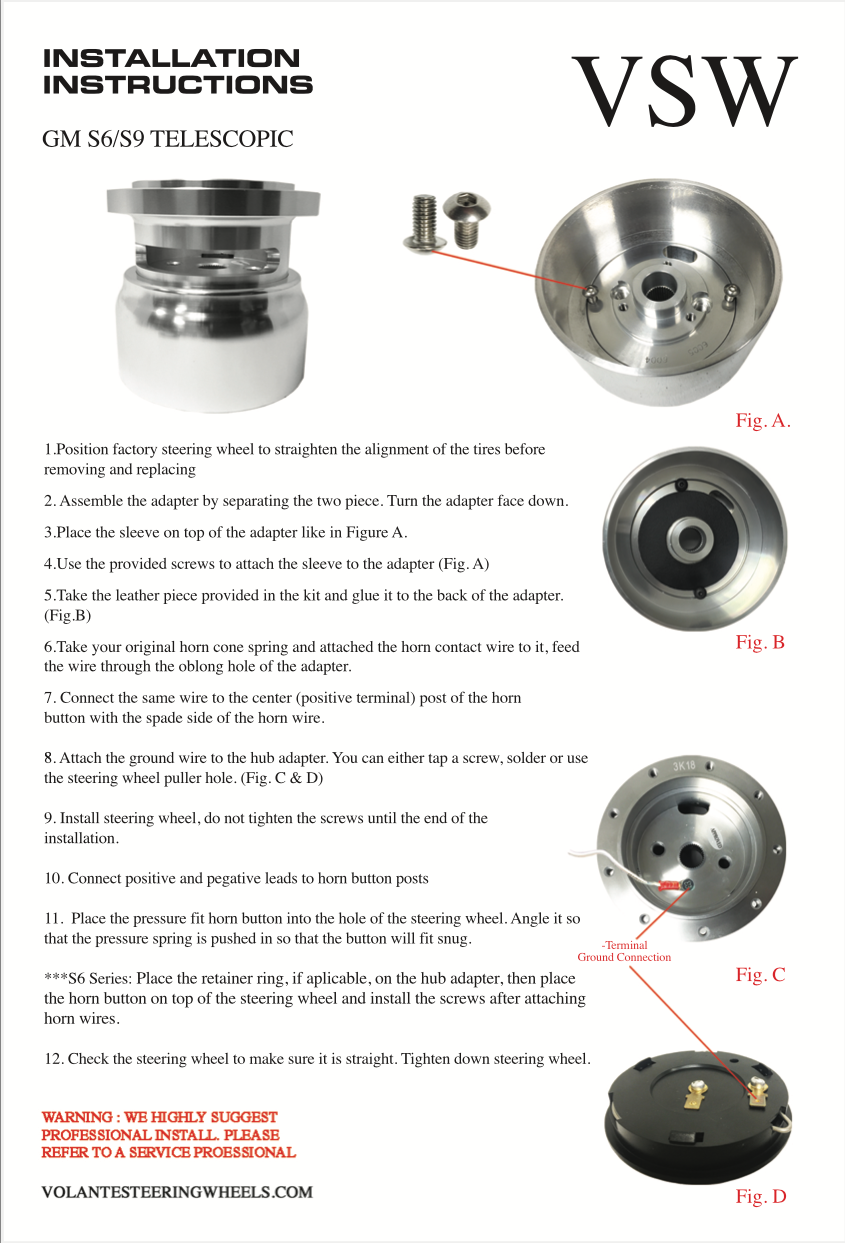 VSW 6-bolt and 9-bolt steering wheel install instructions for GM telescopic columns
