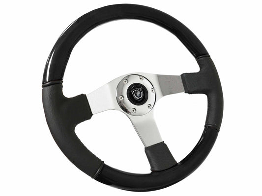 VSW S6 Sport Steering Wheel | Black Ash Wood-Leather, Chrome | ST3019BK